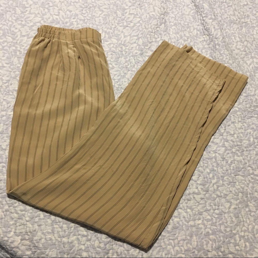 Vintage 100% silk tan and olive pinstripe pants